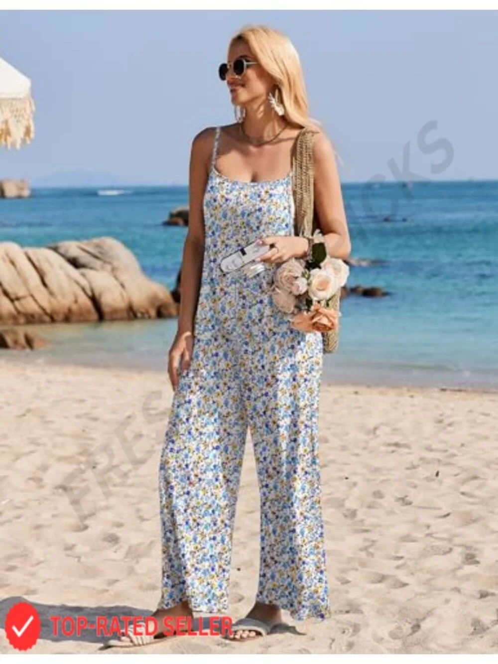 Floral Boho Jumpsuit for Women Wide Leg Summer Sleeveless Romper with Pockets